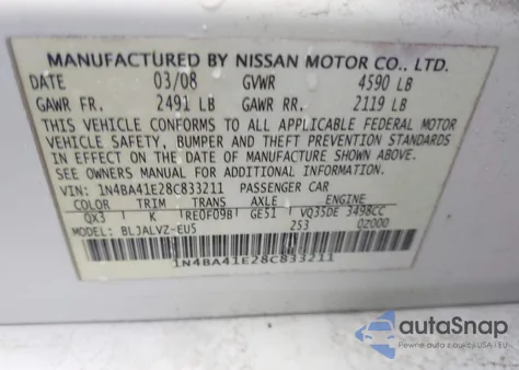 2008 Nissan Maxima 3.5 Se z USA, uszkodzony, nr VIN 1N4BA41E28C833211